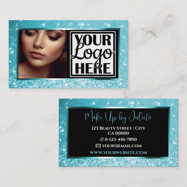Dazzling Ice Blue Sparkle Glitter with Photo Logo Business Card (Front/Back)