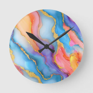 Dazzling Marble in Blues, Pinks, and Oranges Round Clock