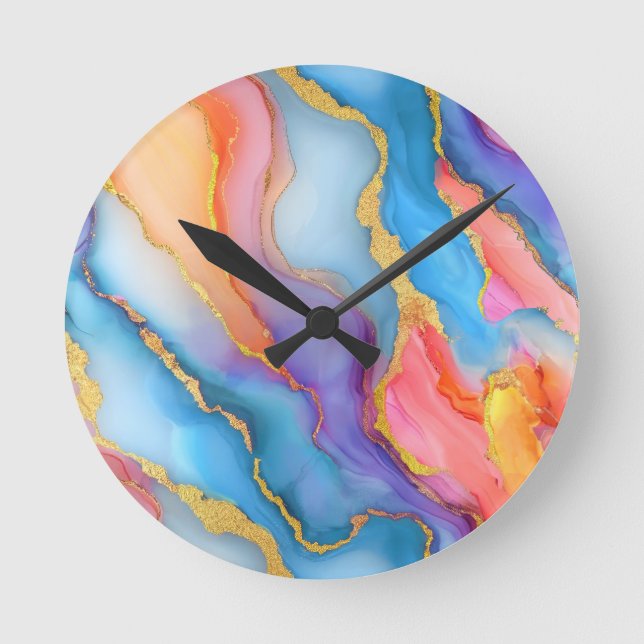 Dazzling Marble in Blues, Pinks, and Oranges Round Clock (Front)