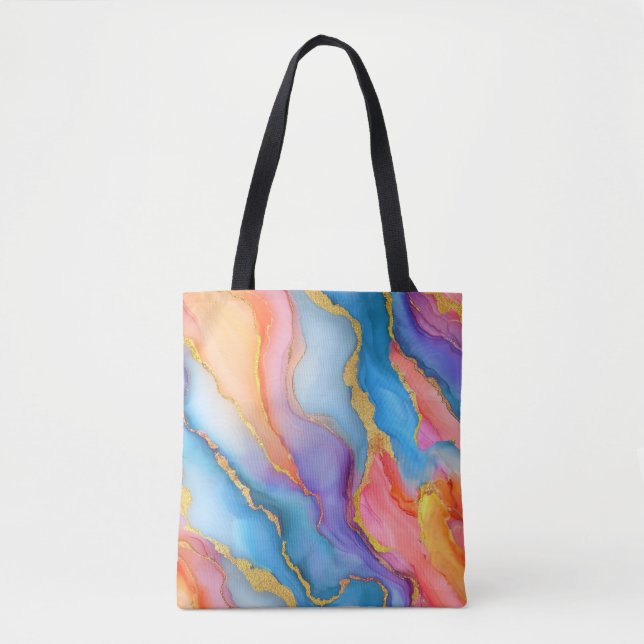 Dazzling Marble in Blues, Pinks, and Oranges Tote Bag (Front)