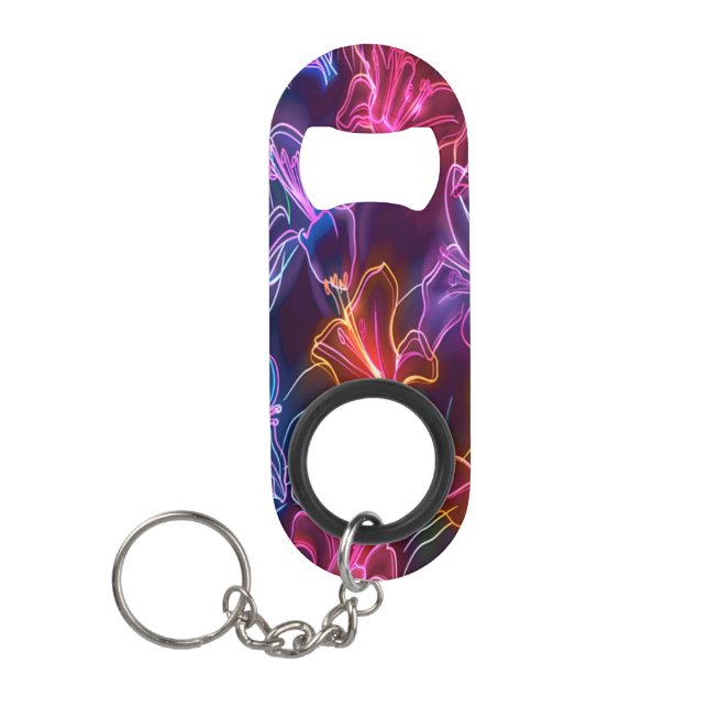 Dazzling Neon Floral Wonderland Keychain Bottle Opener (Front)