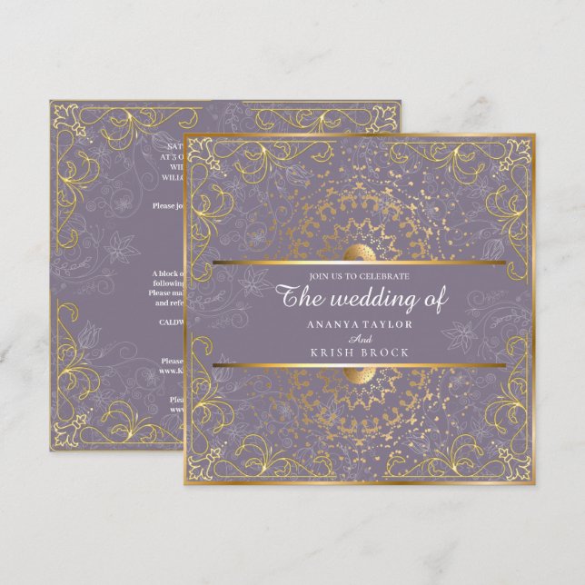 Dazzling Purple and Gold Wedding  Invitation (Front/Back)