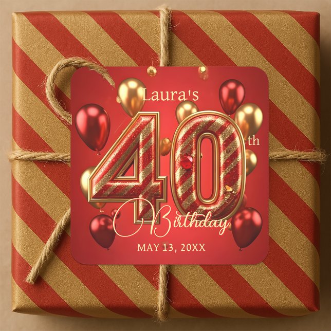 Dazzling Ruby Red and Gold 40th Birthday Balloons Square Sticker (Creator Uploaded)