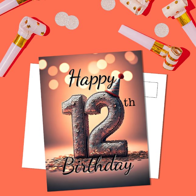 Dazzling Sequin 12th Birthday with Party Hat Postcard (Creator Uploaded)
