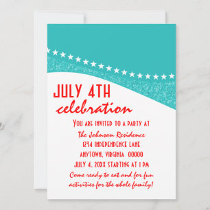 Dazzling Star Curves July 4th Party Invite, Teal Invitation