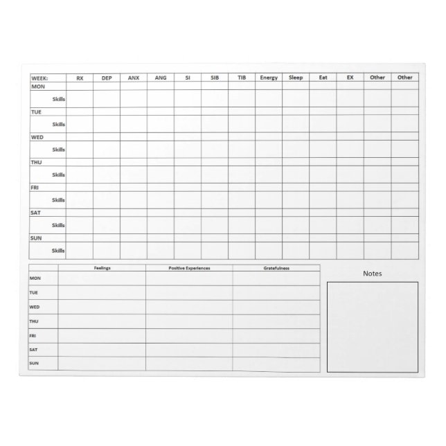 DBT Standard Diary Card Front - Back Notepad (Front)
