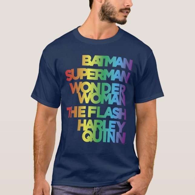 DC Comics Pride Justice League Rainbow Name Stack  T-Shirt (Front)