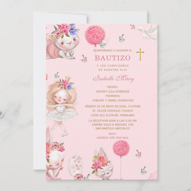 De Bautizo y Primer Cumpleaños Para Niña  Invitation (Front)