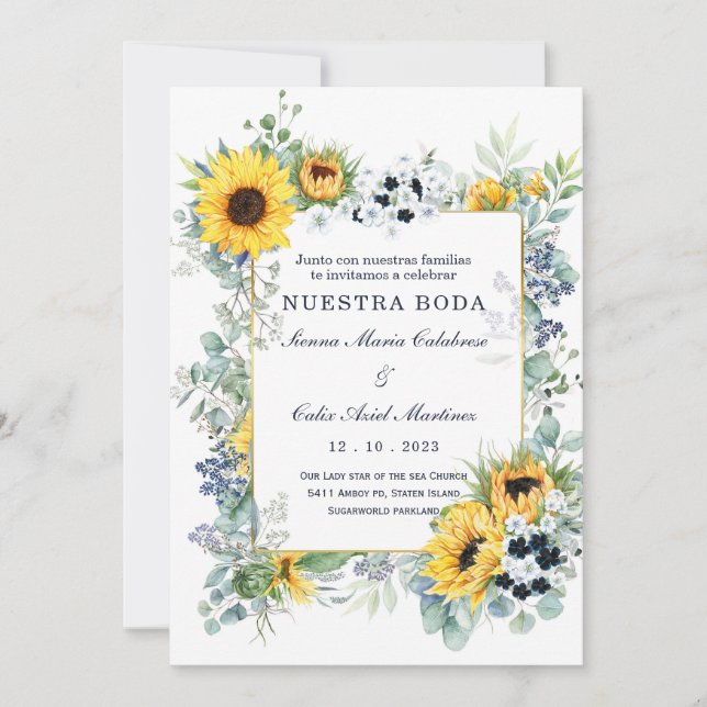 De Boda Azul Marino y Girasol Invitation (Front)