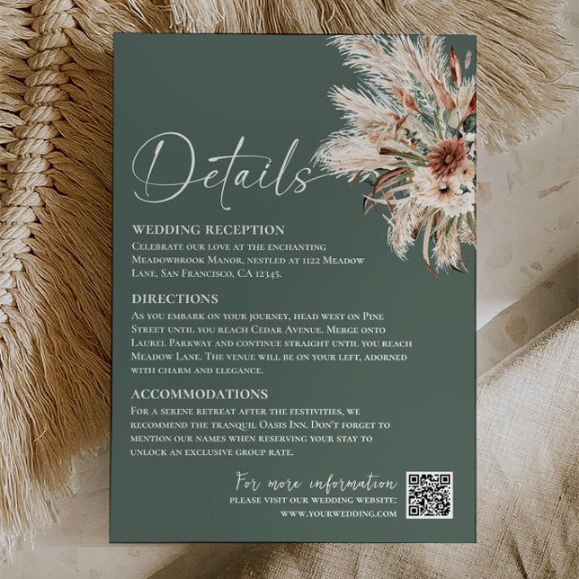 De Correspondance Carte d'information sur les détails du mariage Boh (Sage Green Boho Wedding Details Card, Bohemian Greenery Pampas Wedding Enclosure Card)
