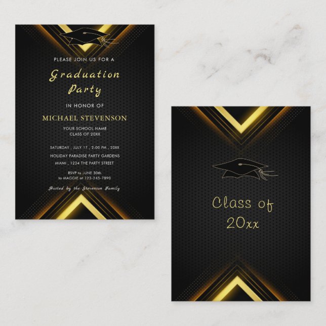 De Correspondance Carte d'invitation Gold Black Modern Graduation (Devant / Derrière)