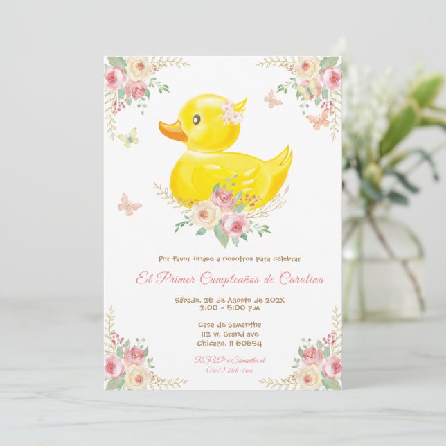 De Cumpleaños Para Niña de Patito de Goma Invitation (Standing Front)