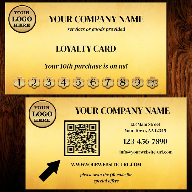 De Fidélité Carte perforée Ocher Black Gold Loyalty (Eye-catching artistic loyalty punch card in ocher and black with logo and QR code - business card)