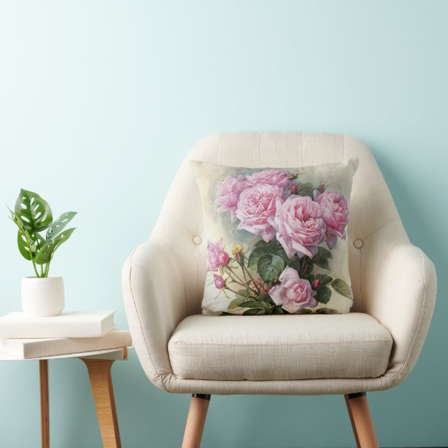 De Longpre Pink Roses Bumblebees 1899 Throw Pillow (Chair)