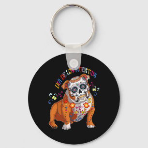 De Los Muertos English Bulldog Floral Skull Face M Keychain