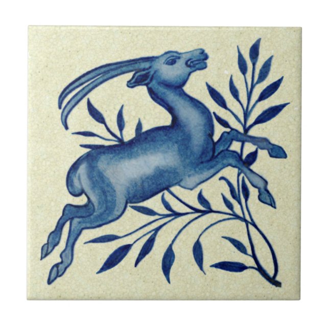 De Morgan Hand Painted Blue Antelope Antique Repro Tile (Front)
