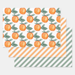De Papier Cadeau Aquarelle orange Citrus vert Feuille rayures