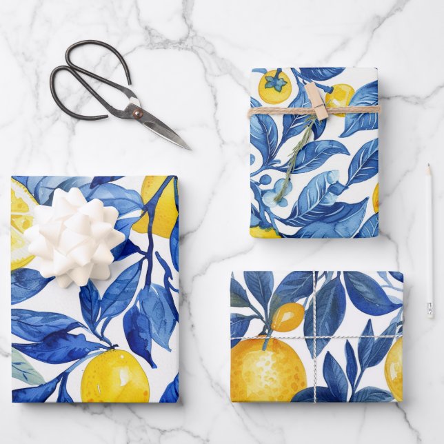 De Papier Cadeau Azulejo Lemons Motif Feuille bleu (Recto)