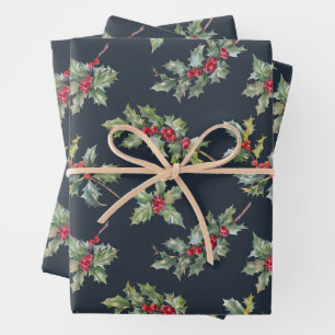 De Papier Cadeau Christmas Holly Berry Branches avec Feuille