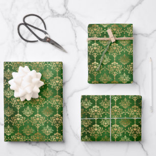 De Papier Cadeau Élégante feuille d'or et vert vintage damas motif
