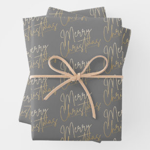 De Papier Cadeau Joyeux Noël en or Faux Feuille Gris