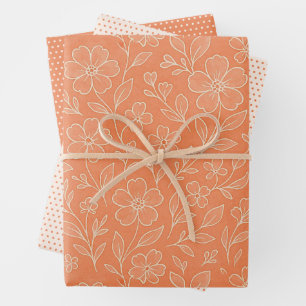 De Papier Cadeau Motif Floral Feuille Classé Sur Coral Orange