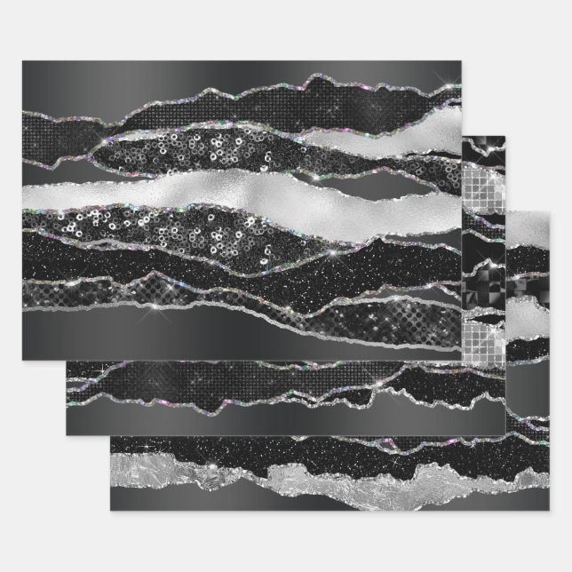 De Papier Cadeau Parties scintillant en feuille argent noir classe  (Lot)