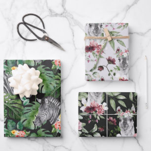 De Papier Cadeau Zèbre tropical alpaga gris rose noir feuille flora