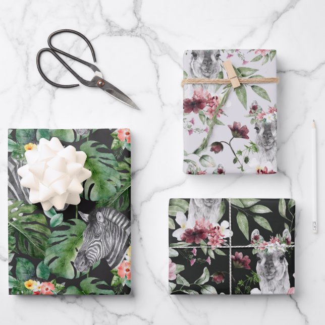 De Papier Cadeau Zèbre tropical alpaga gris rose noir feuille flora (Recto)