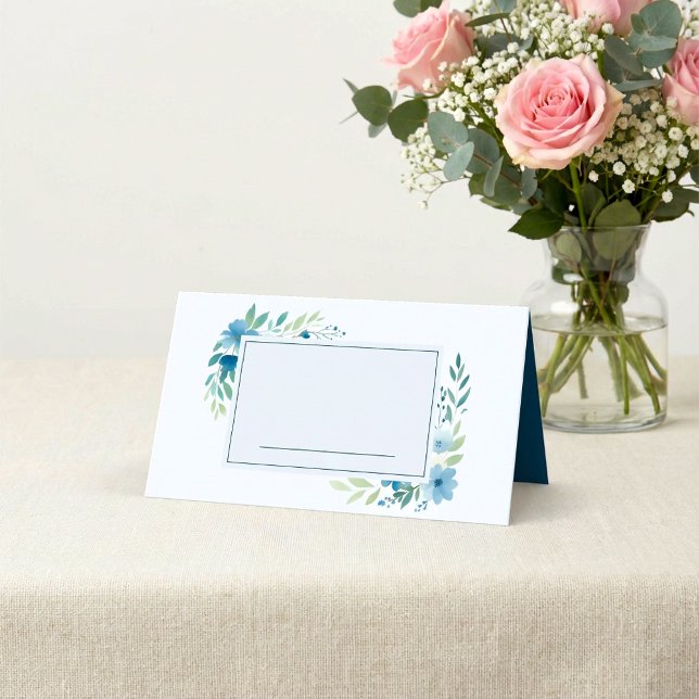 De Placement Aquarelle bleue Nom floral Carte Place (Blue Watercolor Floral Name Place Card.)