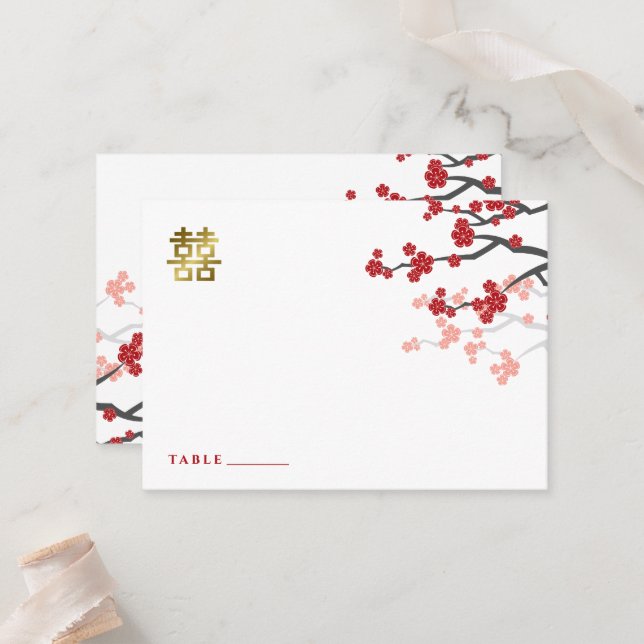 De Placement Carte Mariage chinoise Sakura Double Happy (Devant/Arrière en situation)