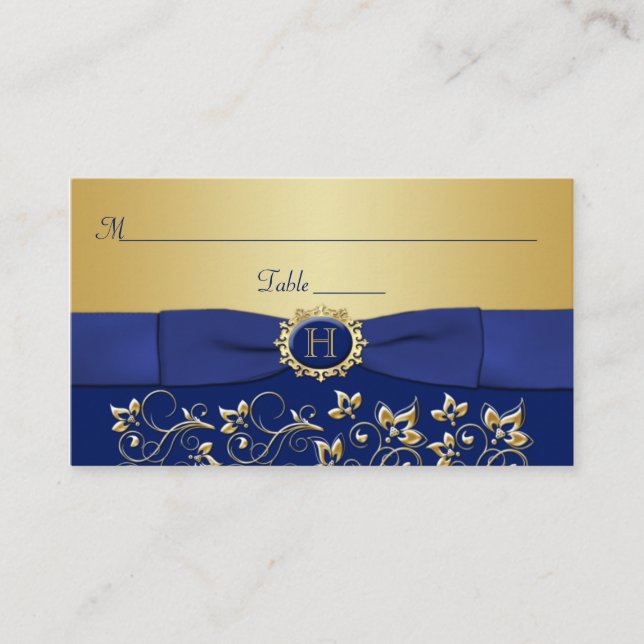 De Placement Carte Monogram Blue Gold Floral Place (Devant)