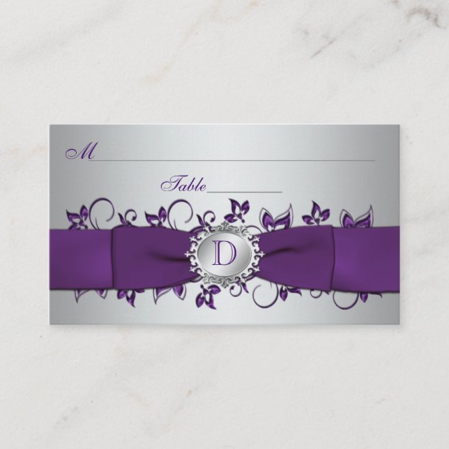 De Placement Carte Monogram Purple Silver Floral Place (Devant)