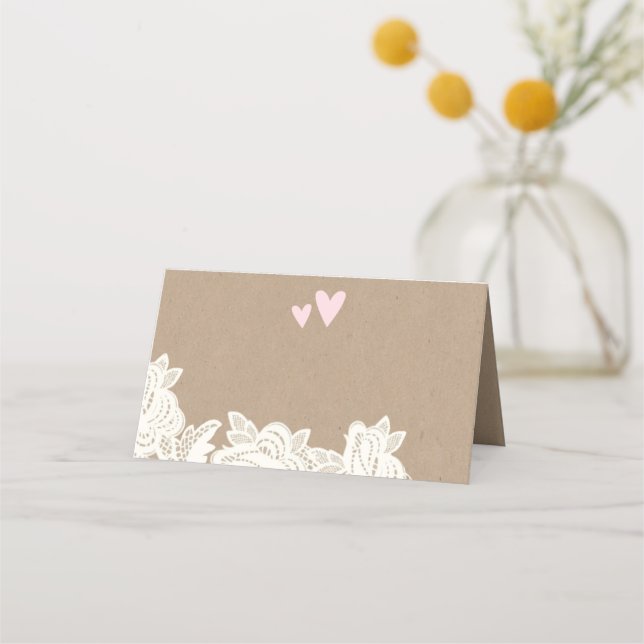 De Placement Dentelle Kraft avec Coeurs roses Carte Mariage (Devant)