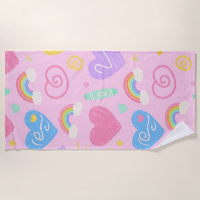 De Plage Serviette Coeur & Doodles - Style Kidcore Pastel (Devant)