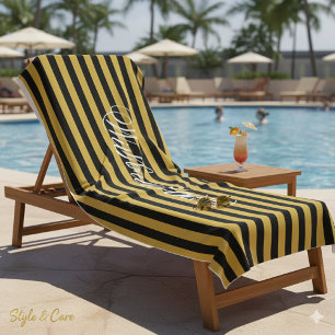 De Plage Serviette rayée noir métallisé et or avec votre no