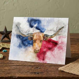 De Remerciements Aquarelle Longhorn du Texas avec carte du drapeau 