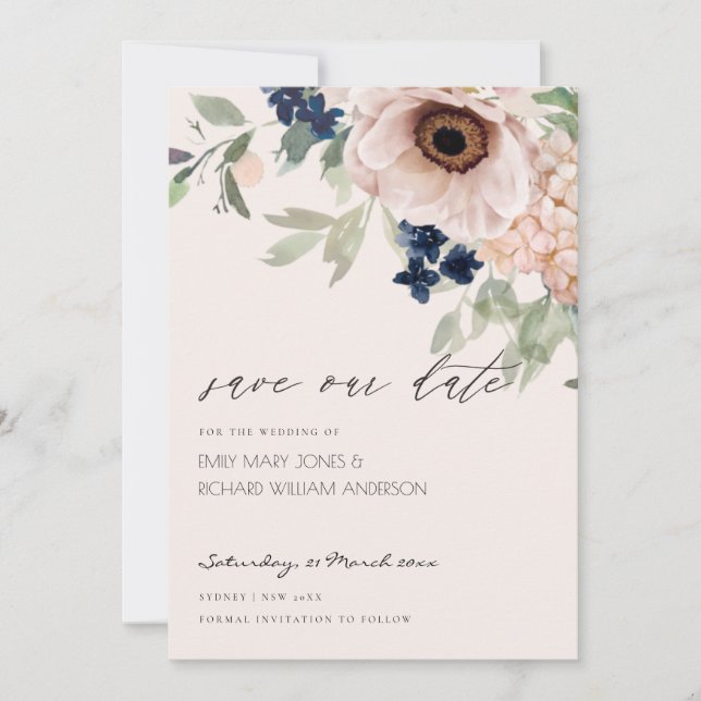 De Remerciements Blush Navy Anemone Floral Enregistrer la carte Dat (Devant)