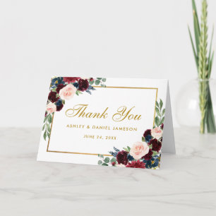 De Remerciements Carte pliée remerciement mariage or bleu burgundy 