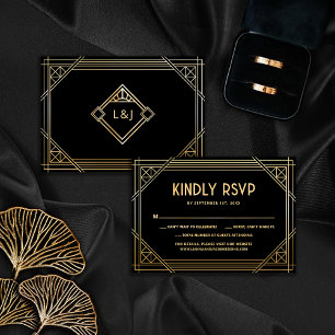 De Remerciements Carte RSVP Mariage Monogramme Art Déco Noir et Or