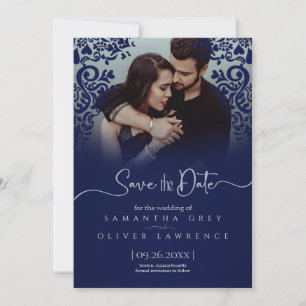 De Remerciements Elegant Navy Blue Damask Enregistrer la date Carte