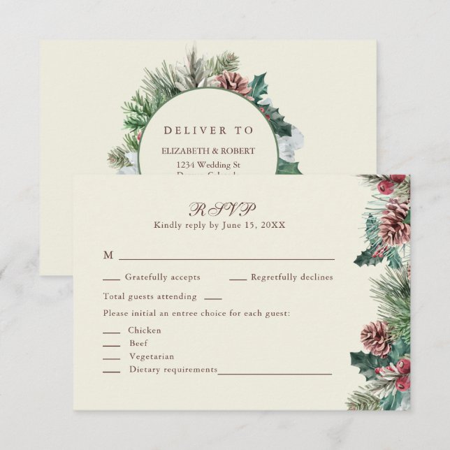 De Remerciements Mariage hiver verdure carte RSVP (Devant / Derrière)