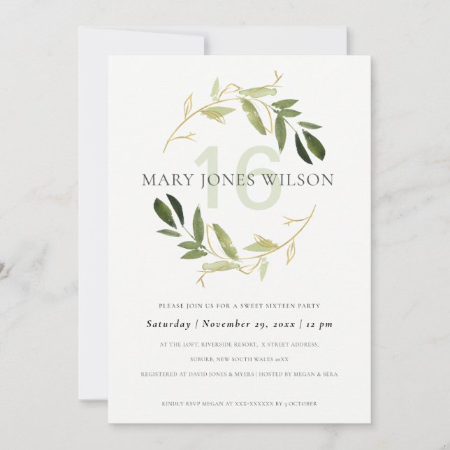 DE REMERCIEMENTS VERT GOLD FOLIAGE WREATH SWEET 16 CARTE D'ANNIVERS (Devant)