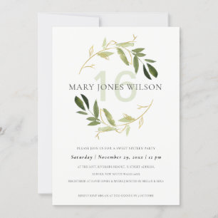 DE REMERCIEMENTS VERT GOLD FOLIAGE WREATH SWEET 16 CARTE D'ANNIVERS