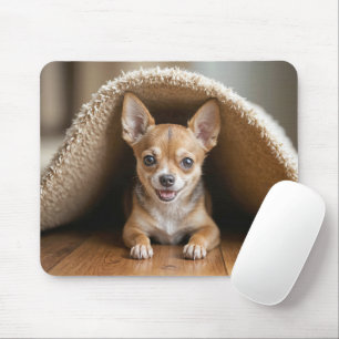 De Souris Chihuahua Chig sous un tapis beige