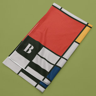 De Stijl Inspired Primary Colored Squares Monogram Fleece Blanket