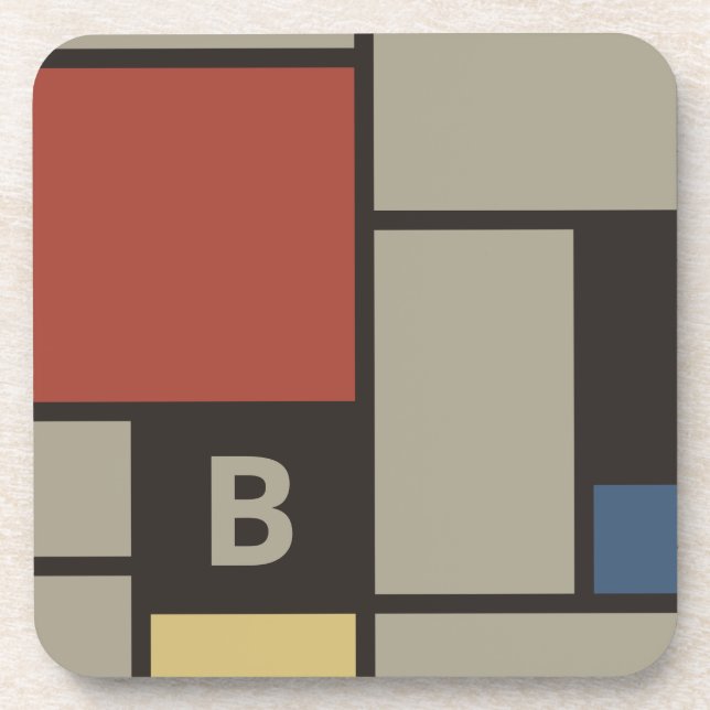 De Stijl Inspired Primary Coloured Squares Monogra Coaster (Front)