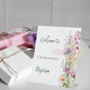 De Table Baptême fleurons roses croix fille signe d'accueil