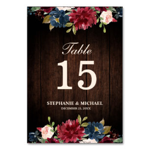 De Table Bourgogne Rouge Marine Floral Boho en bois Numéro