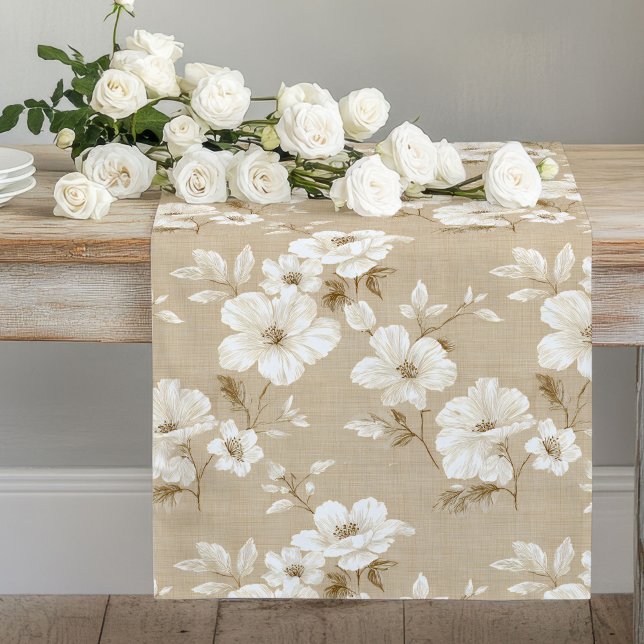 De Table Long Fleur blanche ivoire terreuse beige élégant chemin (Ivory white flower earthy beige elegant table runner

)